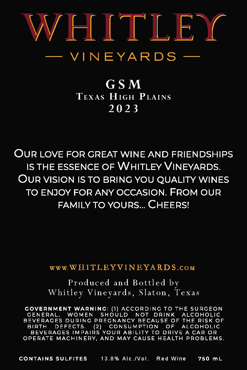 TABC label artwork for WHITLEY VINEYARDS GSM