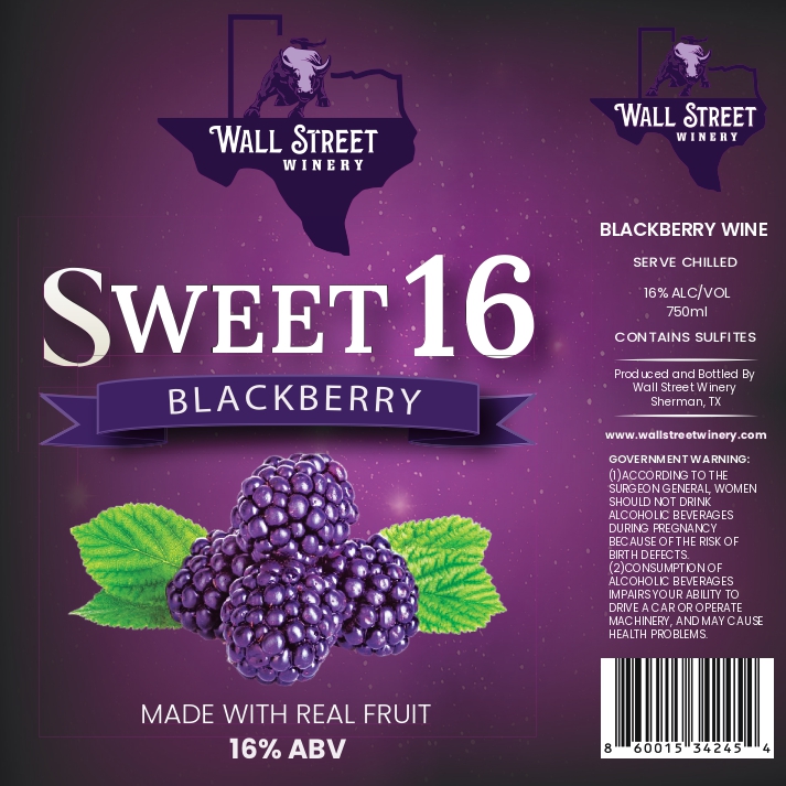 TABC label artwork for WALL STREET WINERY SWEET 16 BLACKBERRY