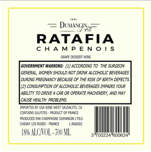 TABC label artwork for DUMANGIN J FILS RATAFIA CHAMPENOIS GRAPE DESSERT
