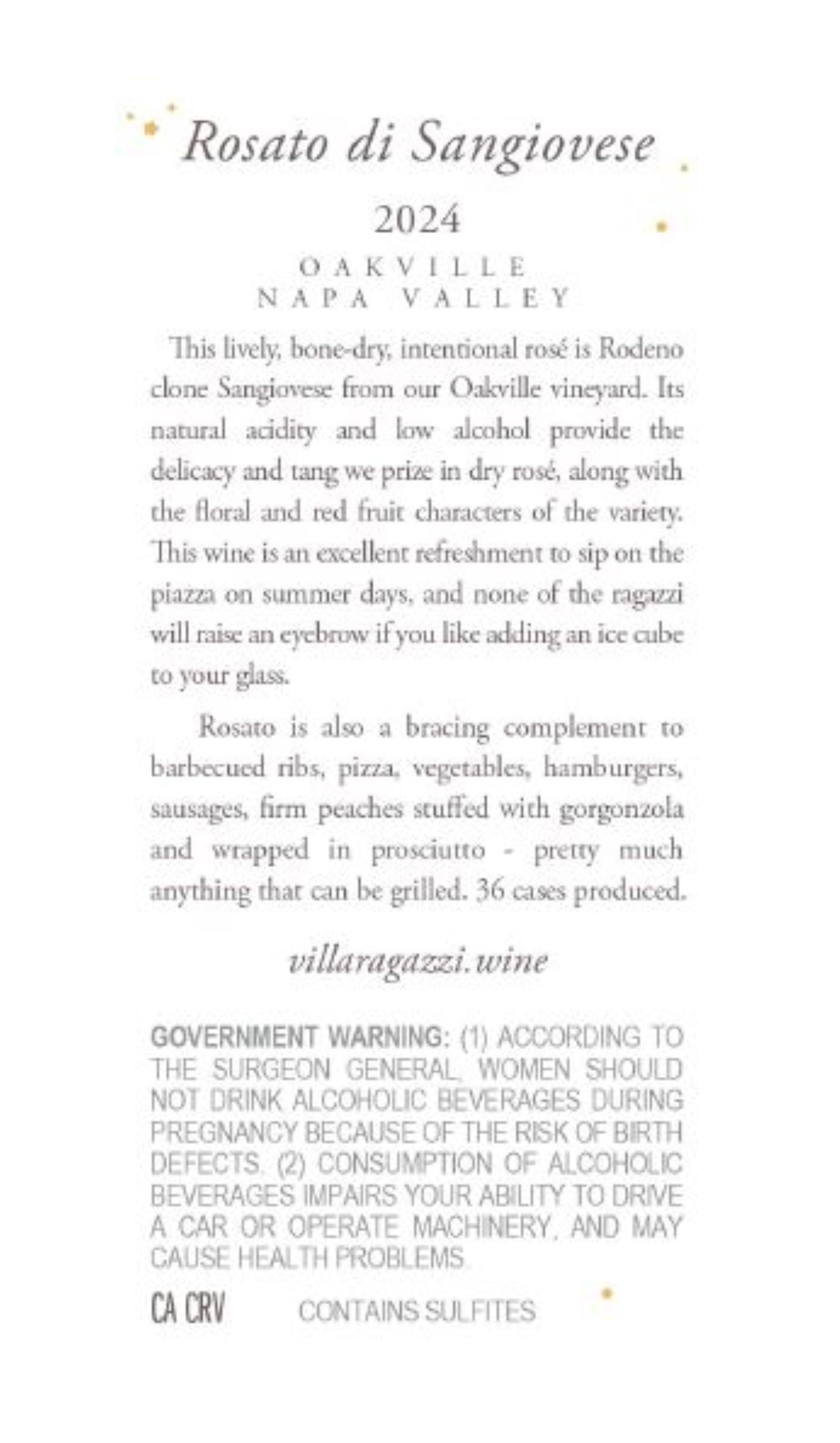 TABC label artwork for Villa Ragazzi 2024 Rosato di Sangiovese Oakville Napa Valley