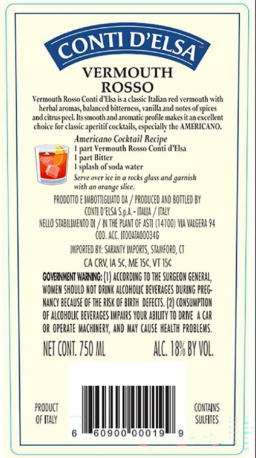 TABC label artwork for Conti D’Elsa Vermouth L’Americano