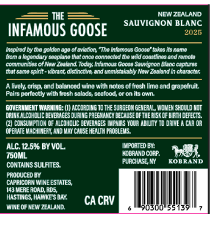 TABC label artwork for Infamous Goose Sauvignon Blanc