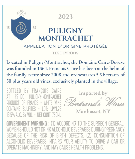 TABC label artwork for Domaine Caire Deveze	Puligny-Montrachet Les Levrons