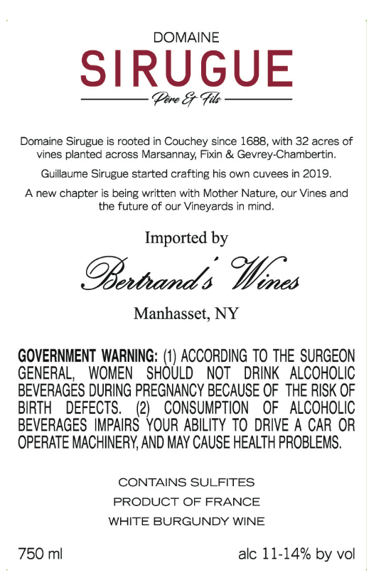 TABC label artwork for Domaine Sirugue Pere et Fils Marsannay Au Larrey White
