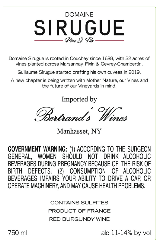TABC label artwork for Domaine Sirugue Pere et Fils Bourgogne Cote d'Or Red