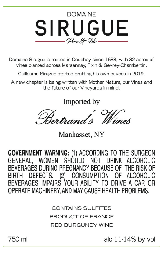 TABC label artwork for Domaine Sirugue Pere et Fils Marsannay Les Quartiers