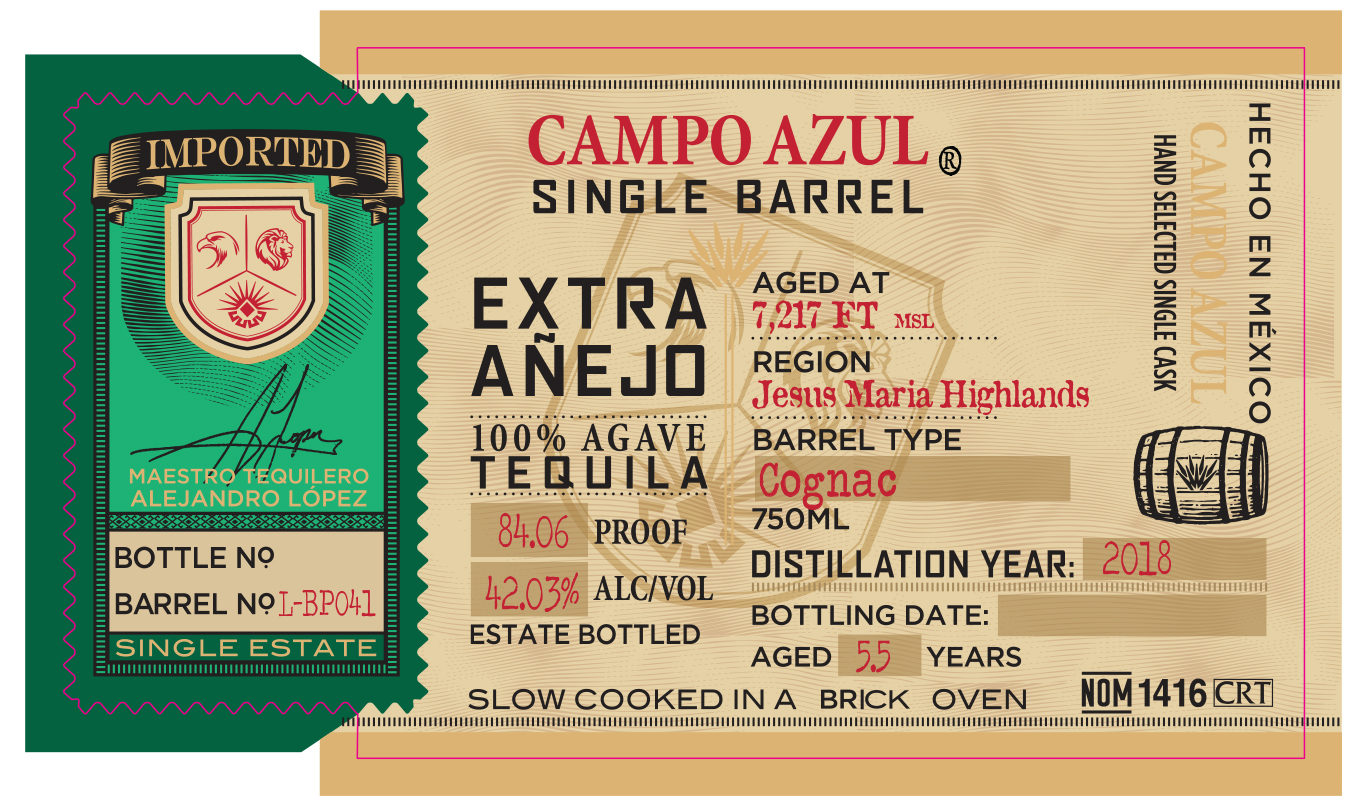 TABC label artwork for Campo Azul Cognac Cask Tequila
