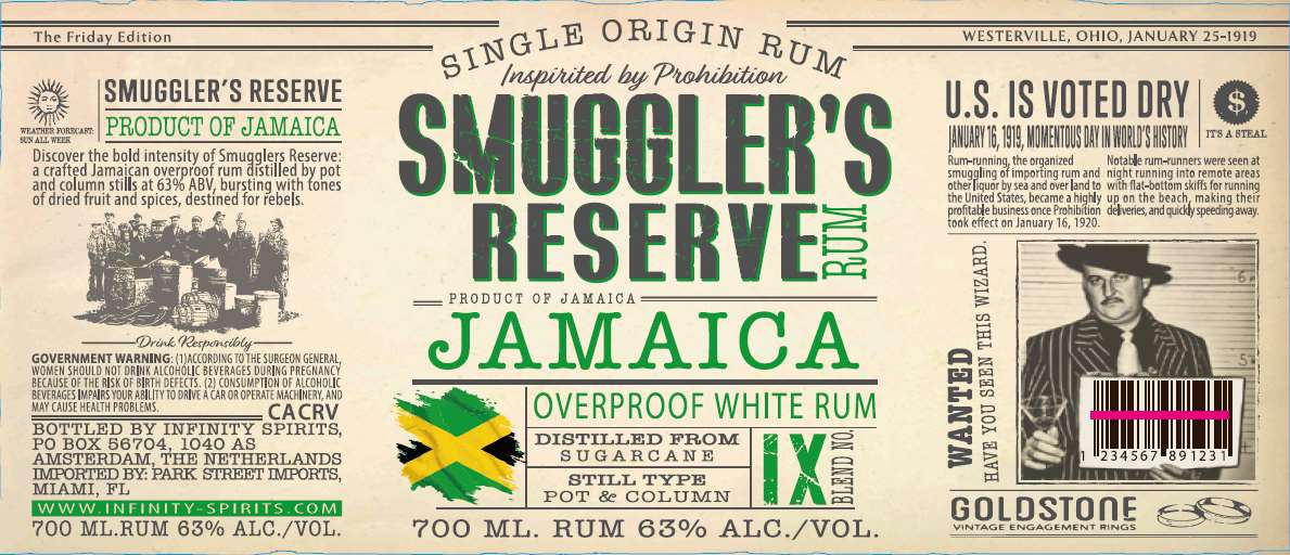 TABC label artwork for Smuggler's Reserve Jamaican Overproof White Rum