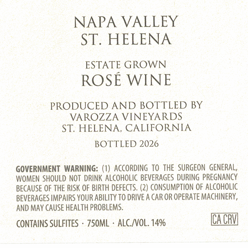 TABC label artwork for Varozza Vineyards 931 Rose Wine St. Helena