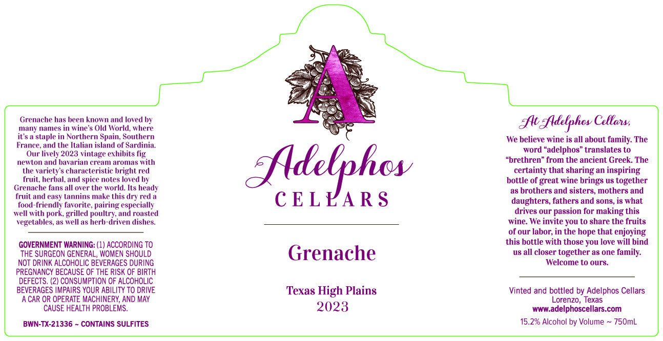 TABC label artwork for Adelphos Cellars Grenache