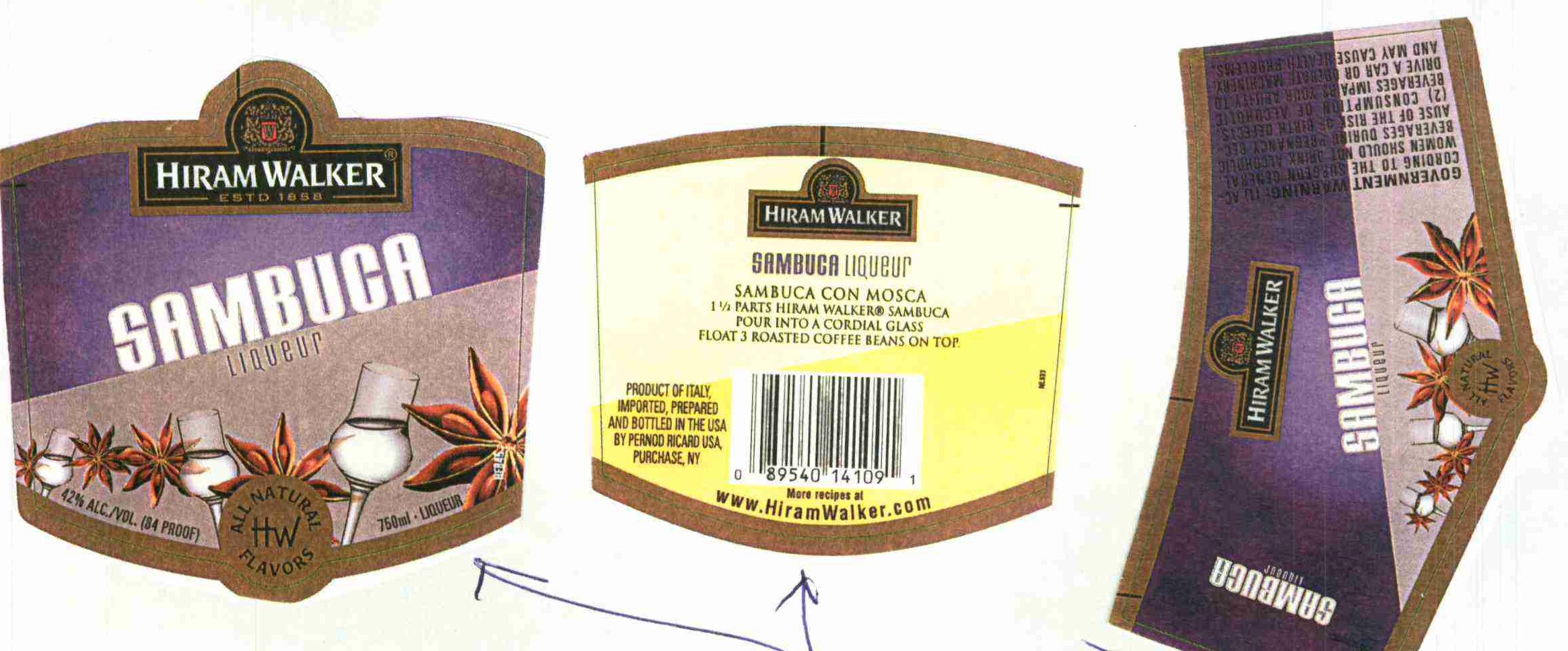 TABC label artwork for Hiram Walker Sambuca Liqueur