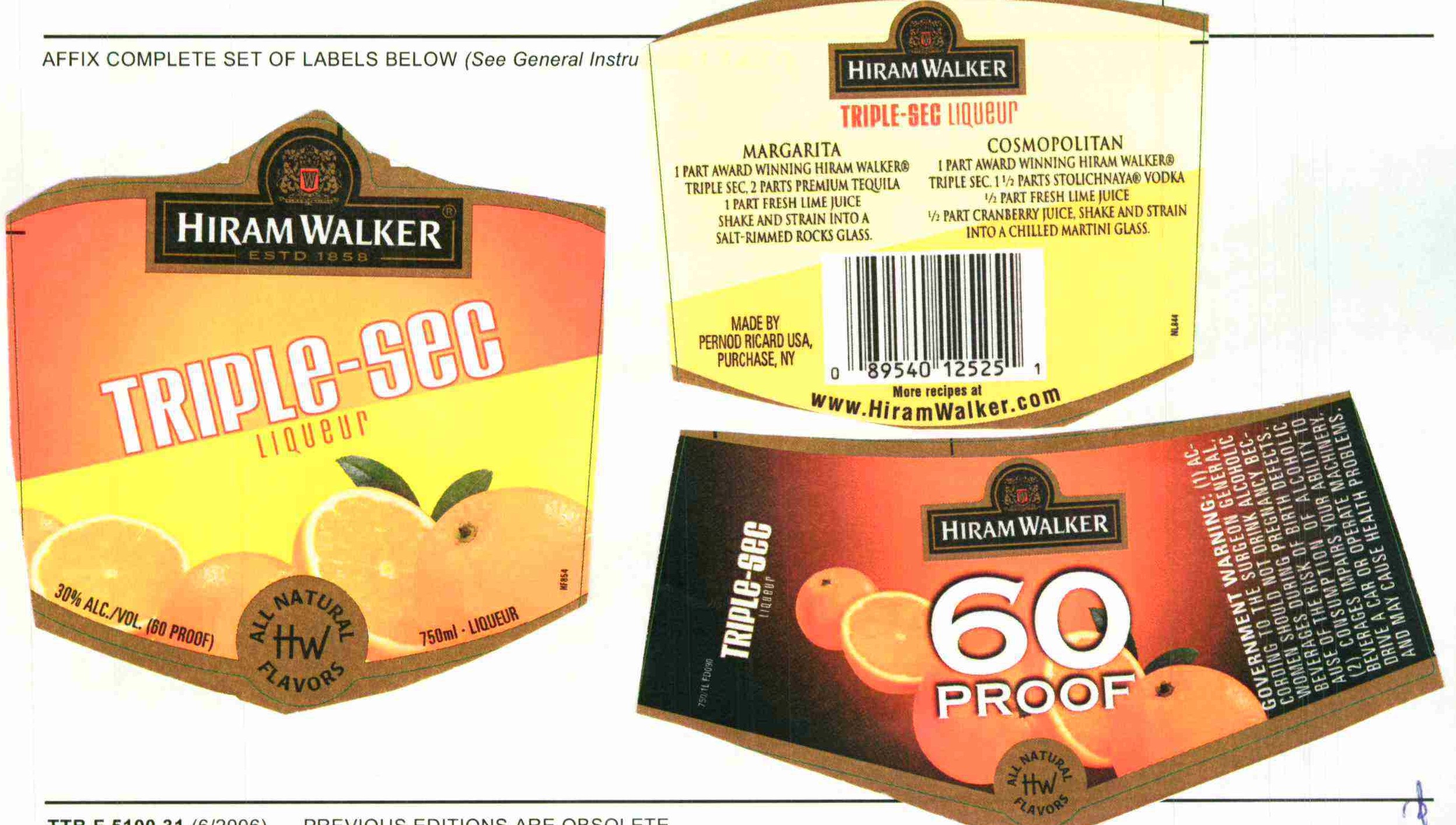 TABC label artwork for Hiram Walker Triple Sec Liqueur