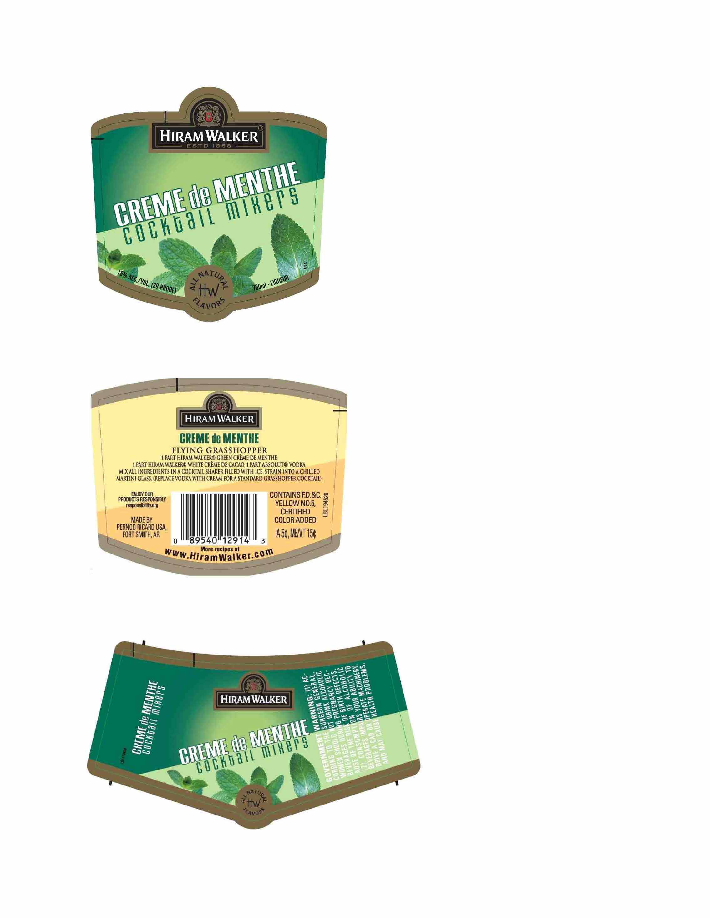 TABC label artwork for Hiram Walker Creme de Menthe Green Cocktail Mixers