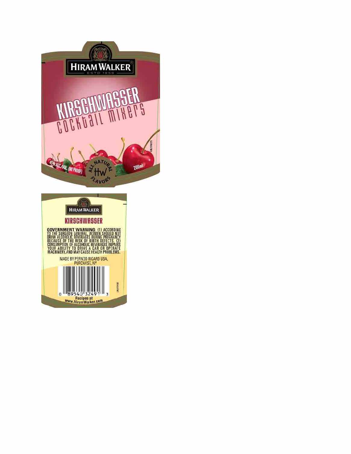 TABC label artwork for Hiram Walker Kirschwasser Cocktail Mixer