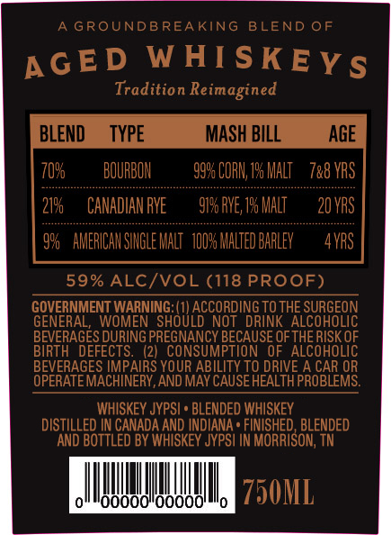 TABC label artwork for Whiskey Jypsi Legacy Blend of 3 Aged Whiskeys