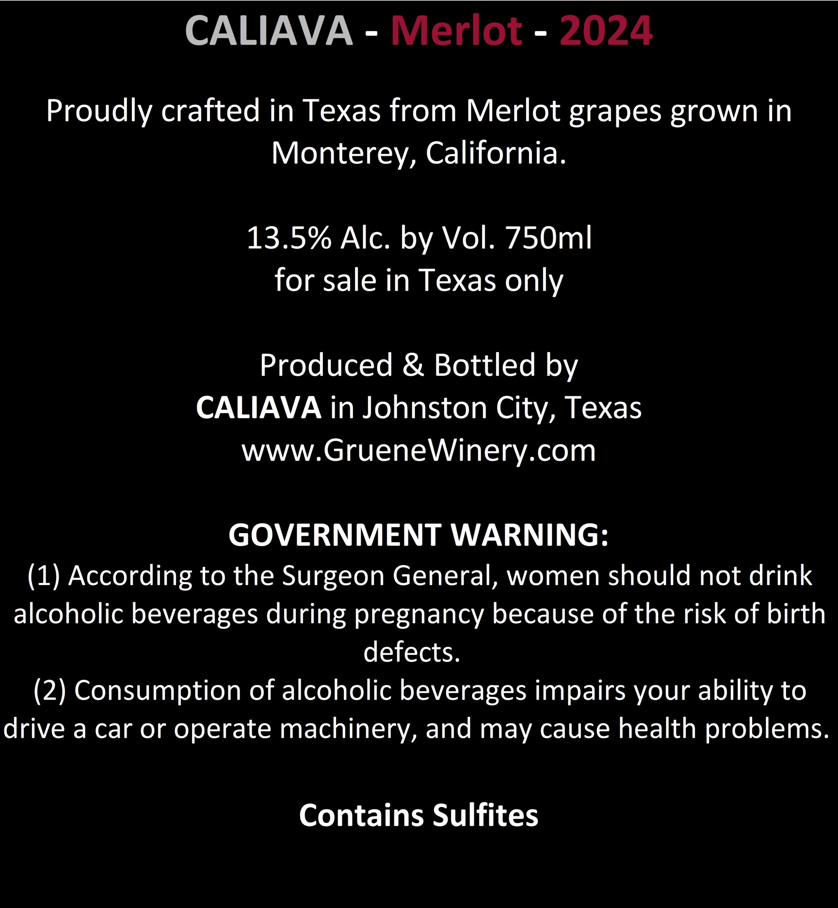 TABC label artwork for Caliava Merlot