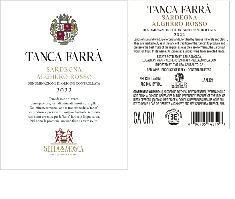 TABC label artwork for Sella & Mosca Tanca Farra Sardegna Alghero Rosso