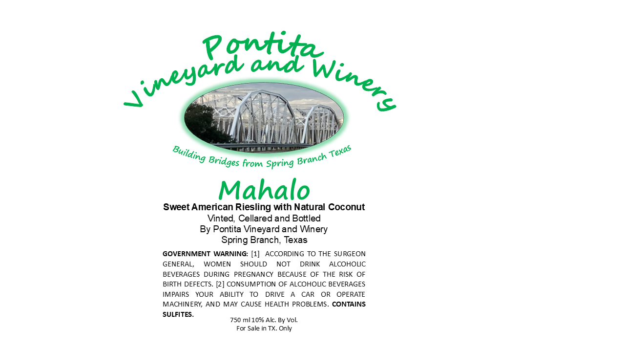 TABC label artwork for Pontita Vineyard and Winery Mahalo