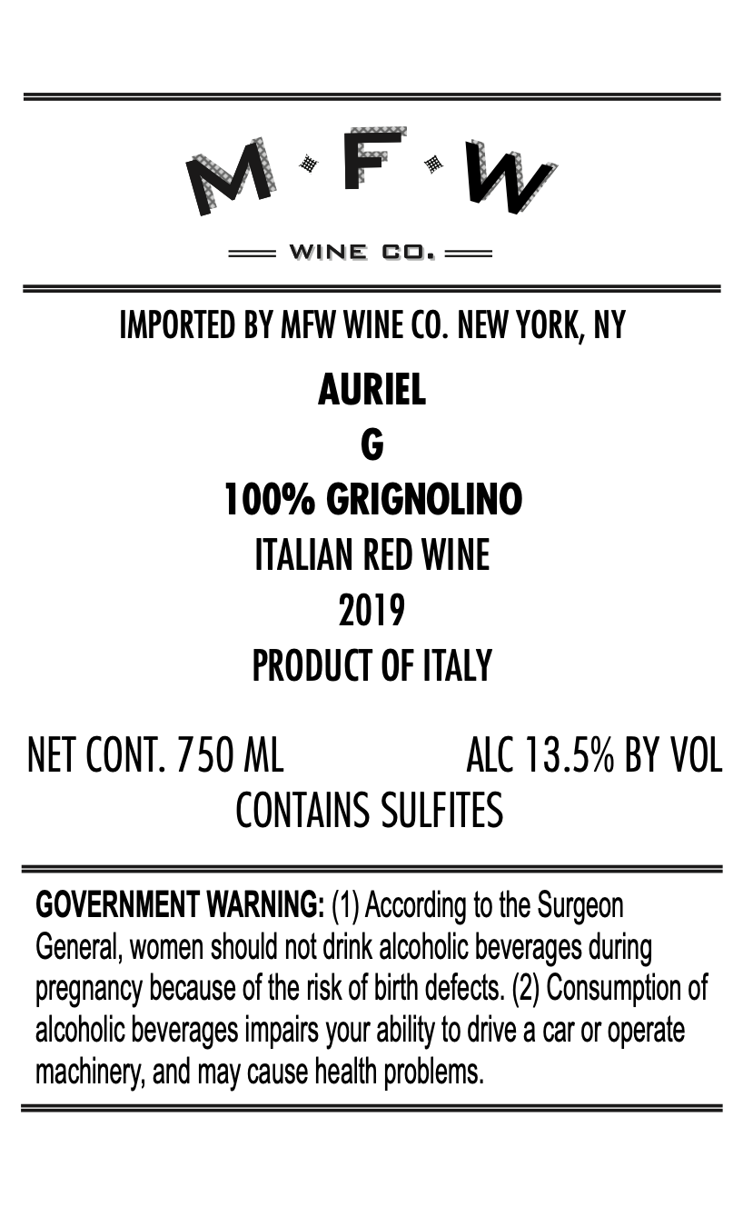 TABC label artwork for Auriel Grignolino G