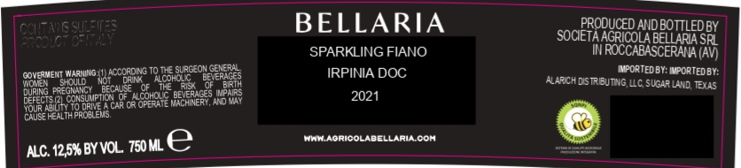 TABC label artwork for Bellaria Sparkling Fiano Irpinia