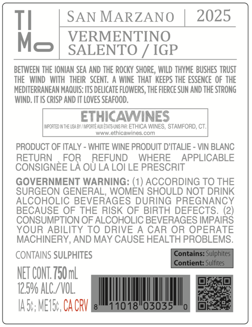 TABC label artwork for San Marzano "Timo" Vermentino IGP Salento