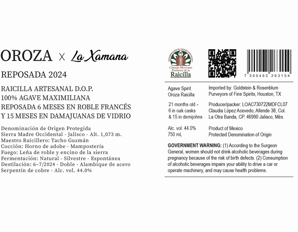 TABC label artwork for Oroza Raicilla Reposada