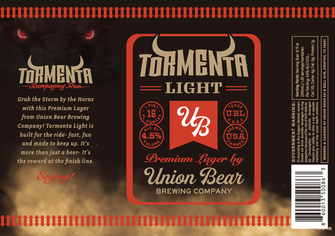 TABC label artwork for Tormenta Light Lager