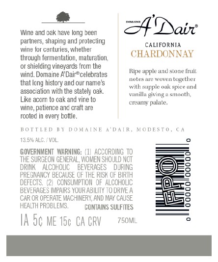 TABC label artwork for Domaine A'Dair California Chardonnay