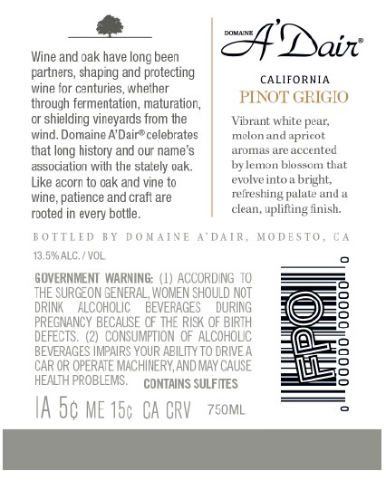 TABC label artwork for Domaine A'Dair California Pinot Grigio