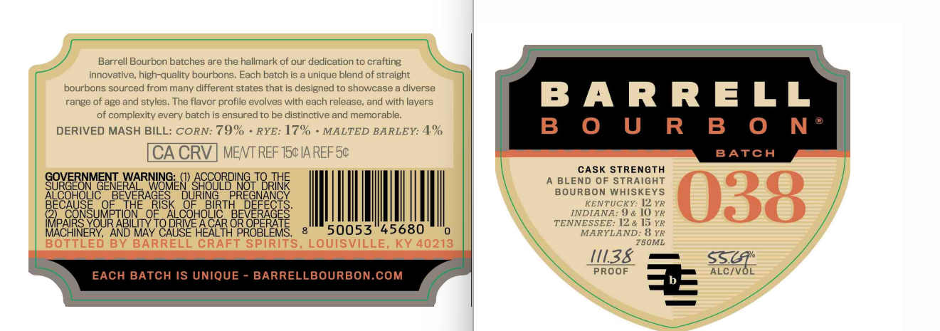 TABC label artwork for Barrell Bourbon Batch 038