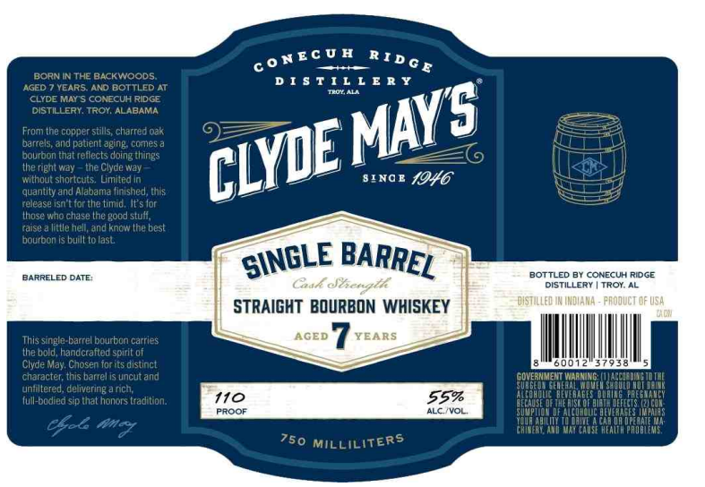 TABC label artwork for Clyde May's 7YO Straight Bourbon Whiskey