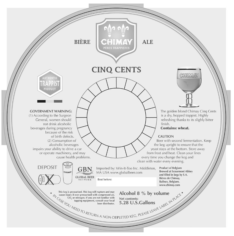 TABC label artwork for CHIMAY CINQ CENTS ALE KEG
