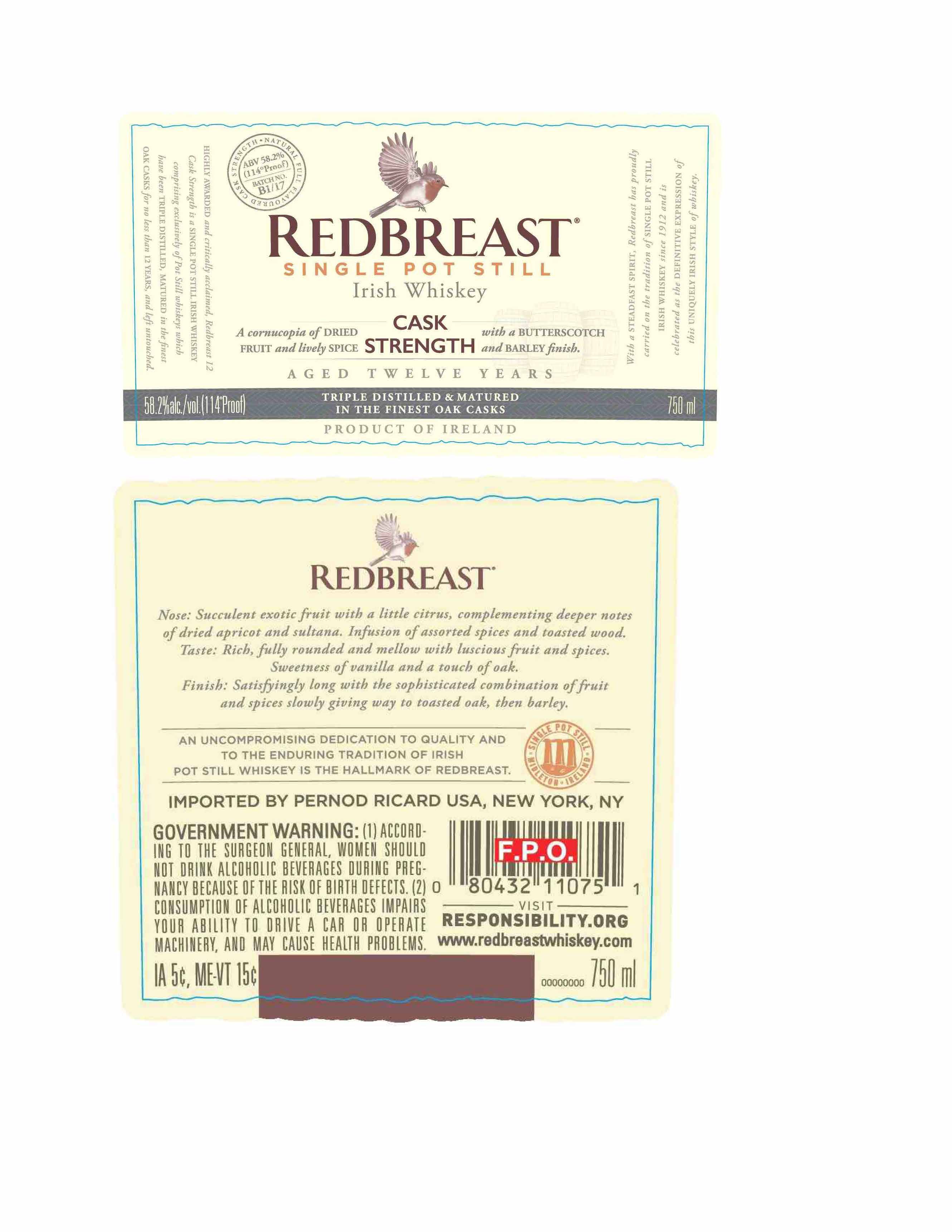 TABC label artwork for Redbreast Cask Strength Irish Whiskey