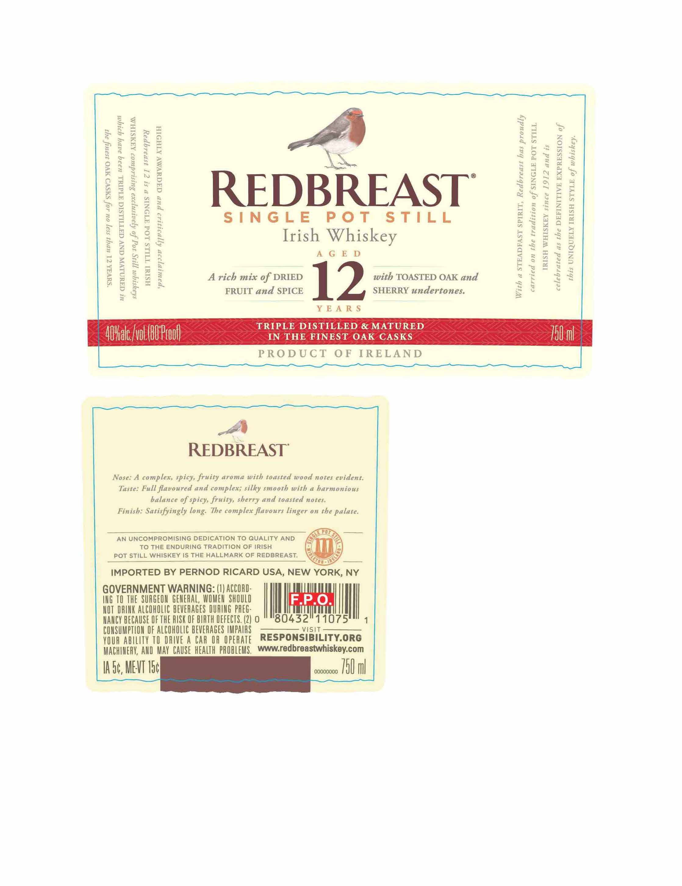 TABC label artwork for Redbreast 12 YO Irish Whiskey