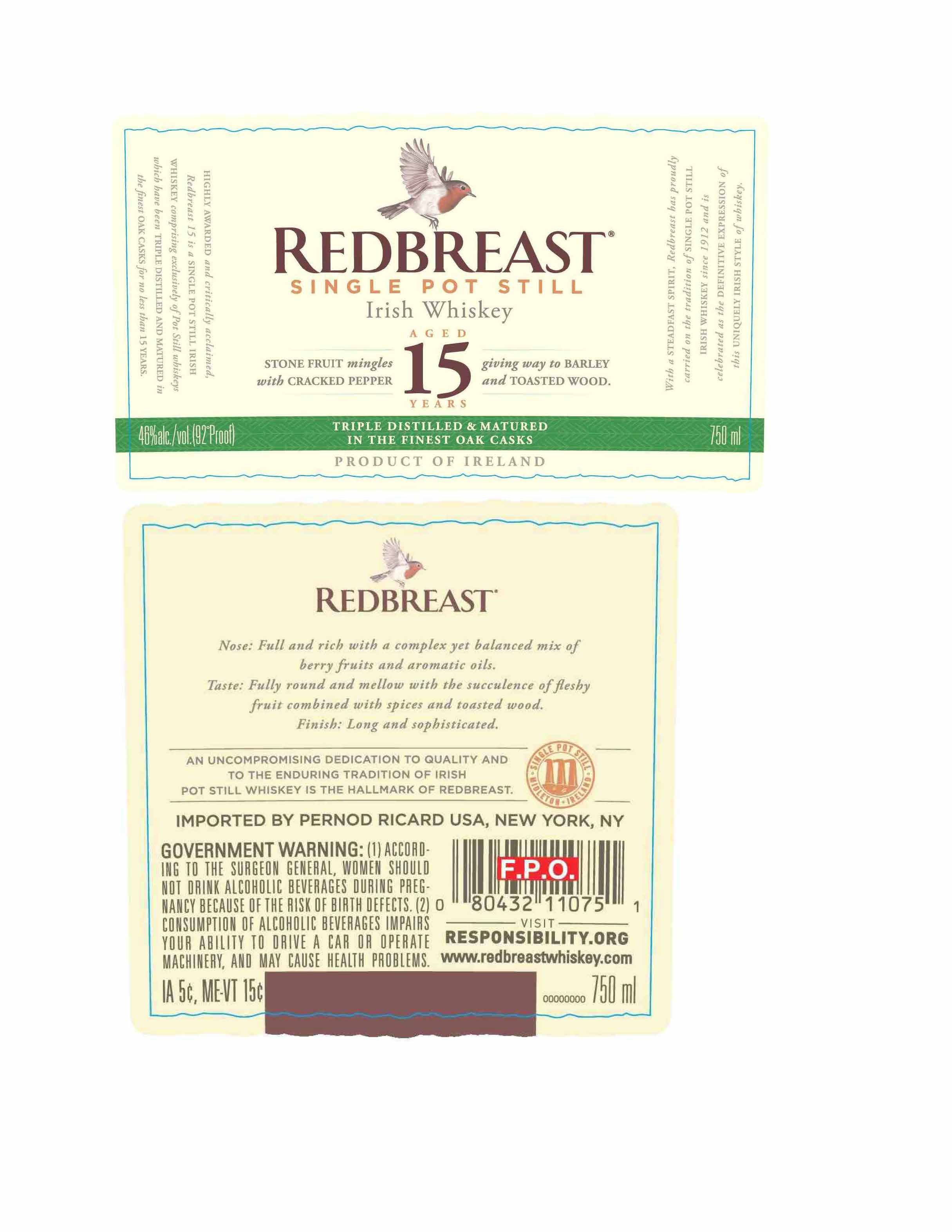 TABC label artwork for Redbreast 15 Yo Irish Whiskey