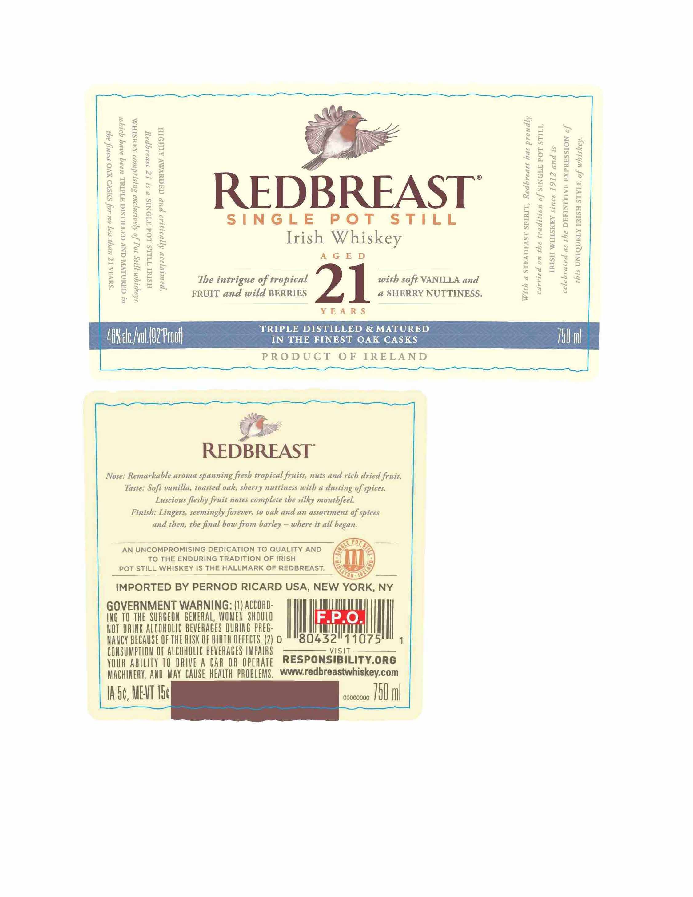 TABC label artwork for Redbreast 21 YO Irish Whiskey