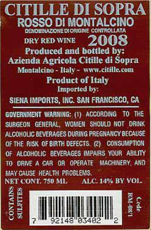 TABC label artwork for Citille di Sopra