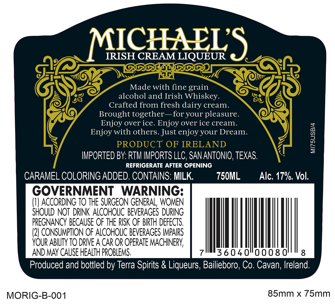 TABC label artwork for MICHAEL'S IRISH CREAM LIQUEUR