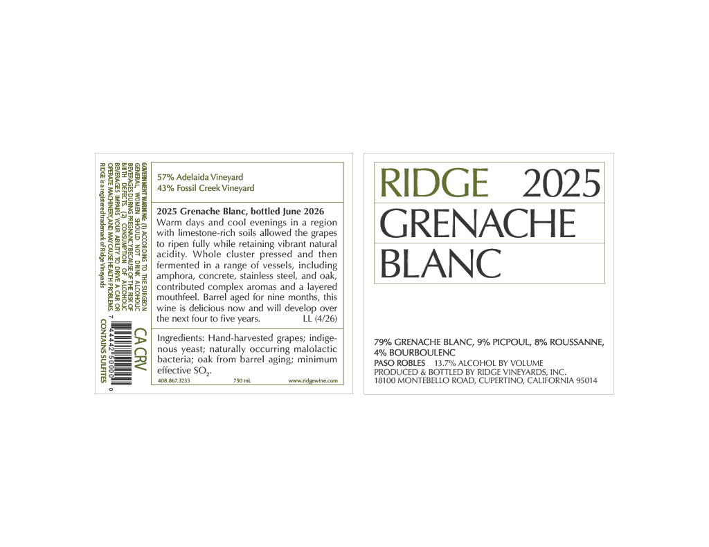 TABC label artwork for Ridge 2025 Grenache Blanc