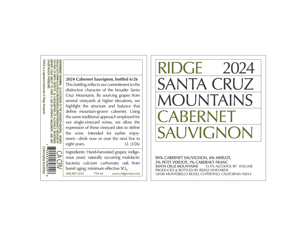 TABC label artwork for Ridge 2024 Santa Cruz Mountains Cabernet Sauvignon