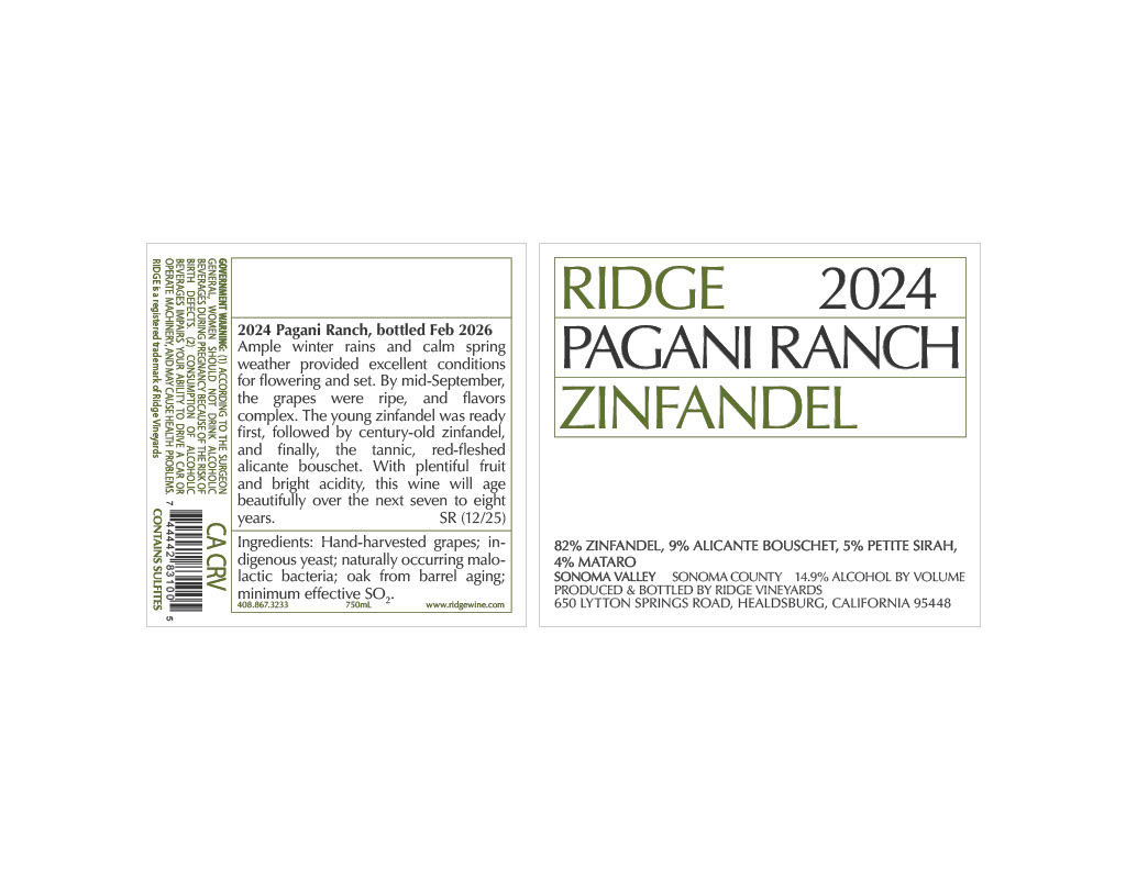 TABC label artwork for Ridge 2024 Pagani Ranch Zinfandel