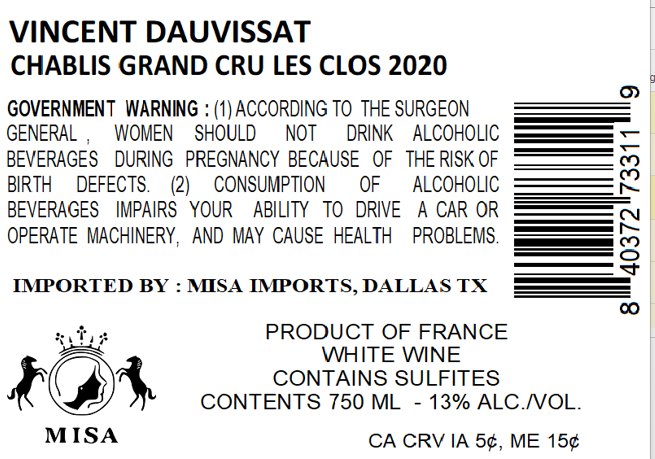 TABC label artwork for VINCENT DAUVISSAT LES CLOS