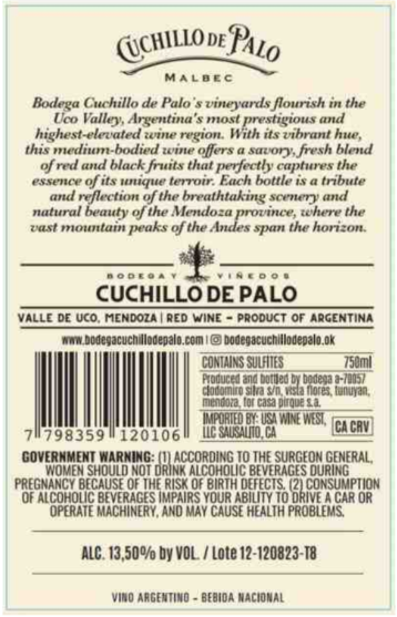 TABC label artwork for Cuchillo De Palo Malbec Valle De Uco