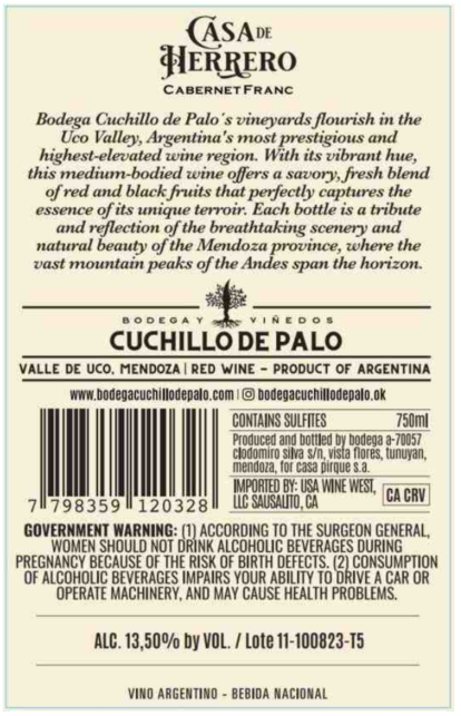 TABC label artwork for Cuchillo De Palo Casa De Herrero Cabernet Franc Red Wine