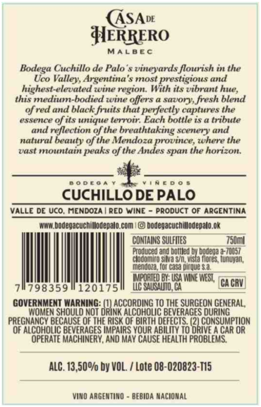 TABC label artwork for CUCHILLO DE PALO CASA DE HERRERO MALBEC RED