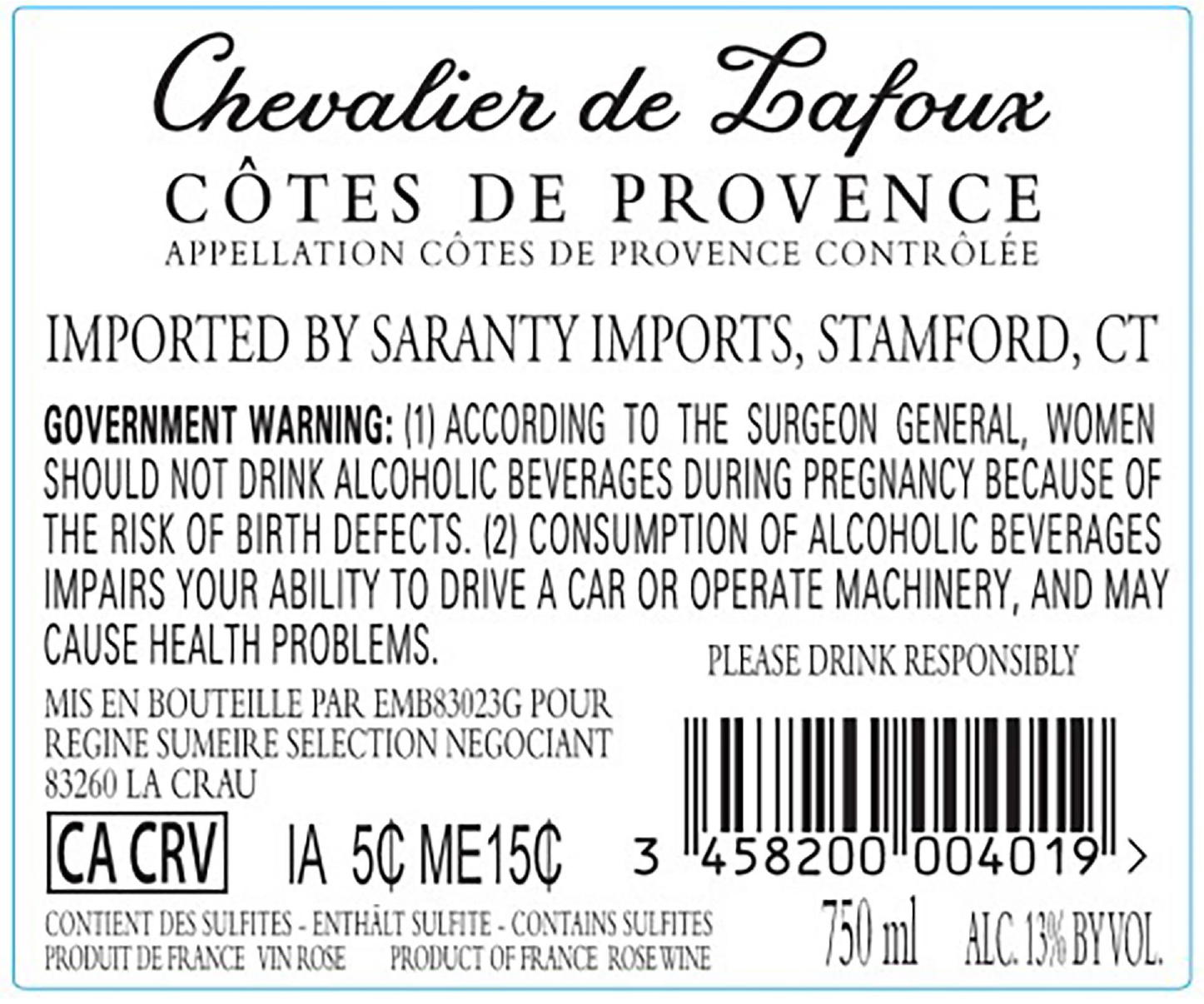 TABC label artwork for Chevalier de Lafoux Provence Rose