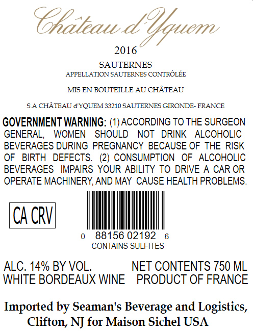 TABC label artwork for CHATEAU D'YQUEM SAUTERNES