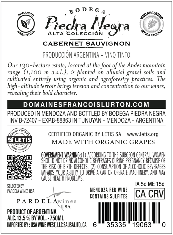 TABC label artwork for Piedra Negra Alta Coleccion Cabernet Sauvignon Mendoza