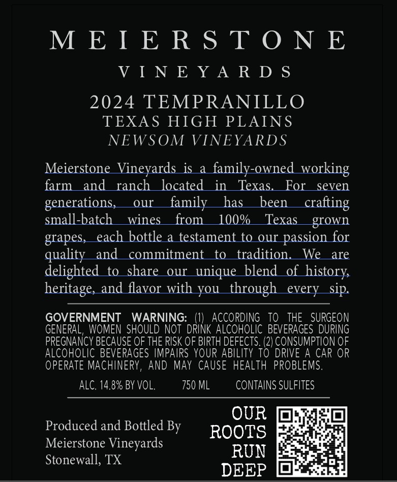 TABC label artwork for MEIERSTONE VINEYARDS TEMPRANILLO