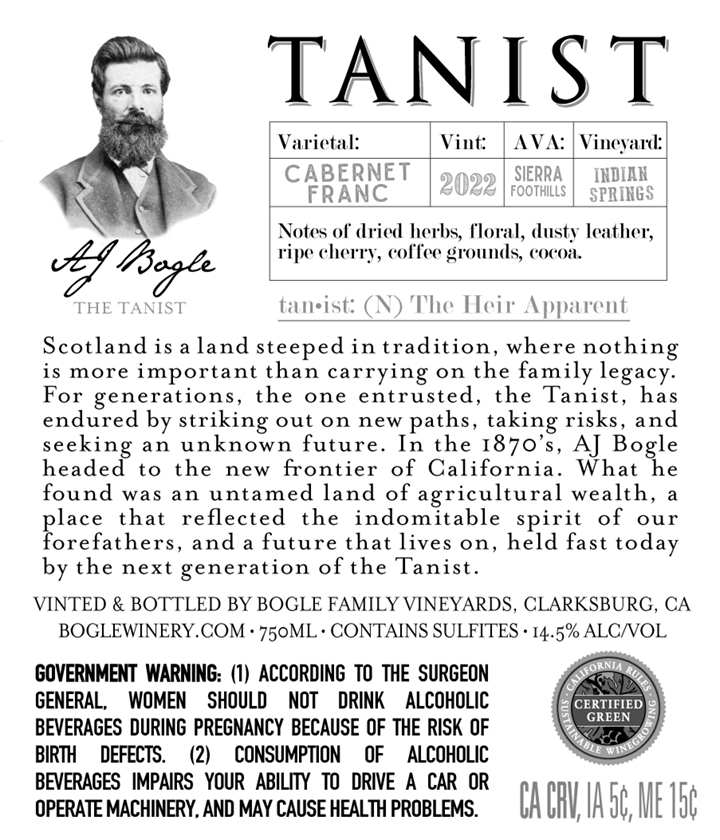 TABC label artwork for Bogle Tanist Cabernet Franc